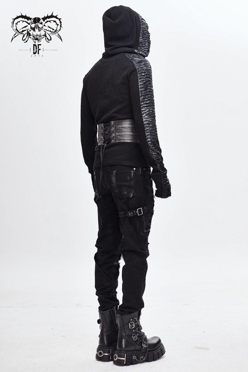 Stylish man in punk outfit showcasing a black PU leather corset belt with metal buckle and hooded sweatshirt.