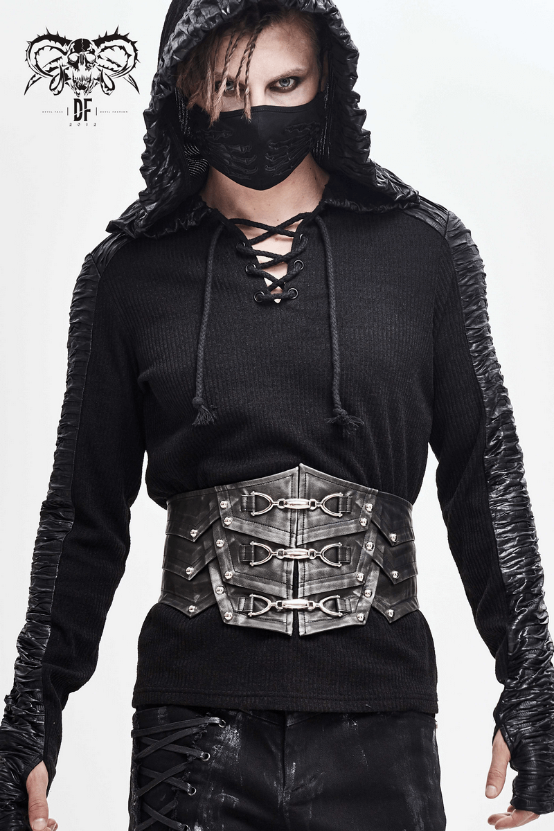 Stylish punk model wearing a black hooded top and unique metal buckle corset belt, showcasing a bold retro fashion statement.