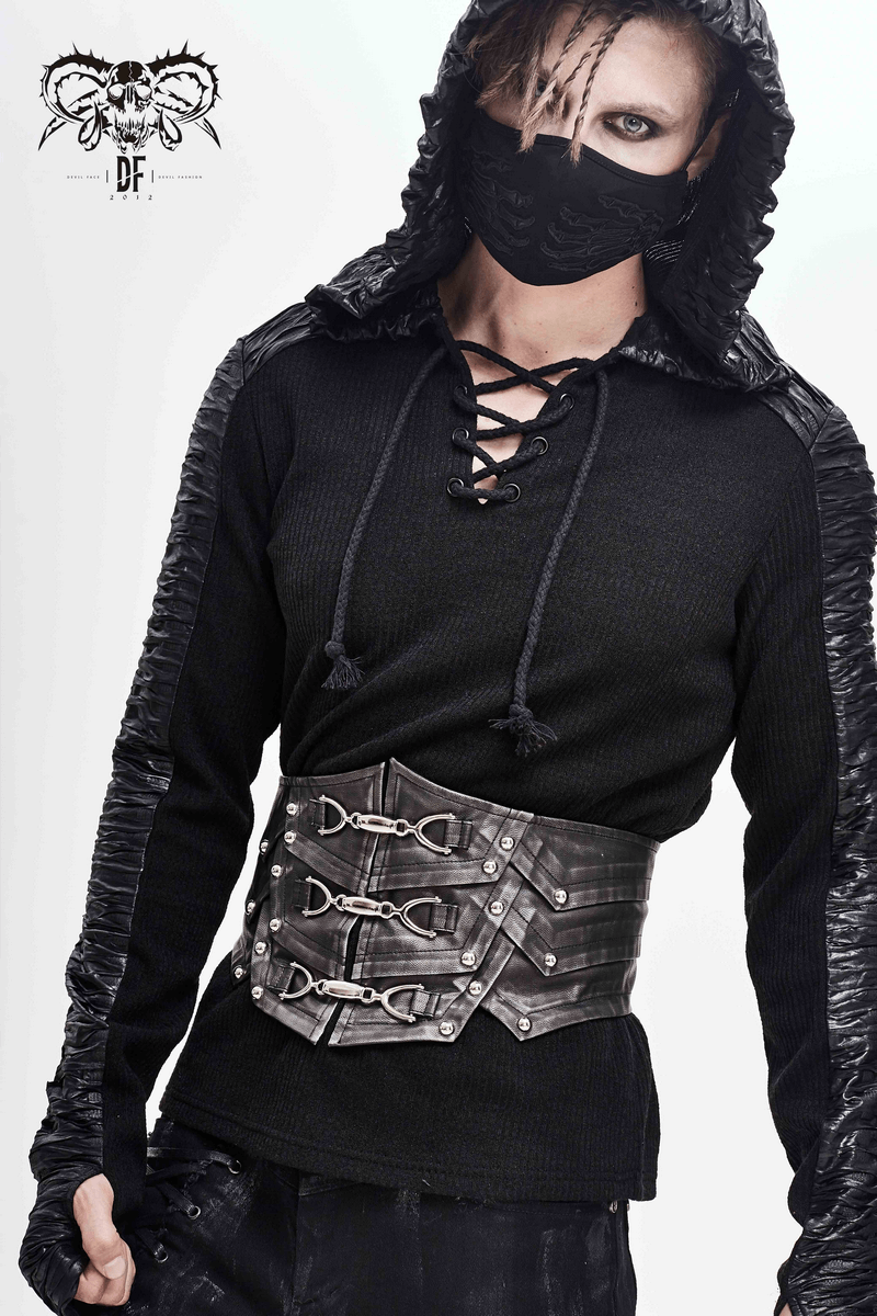 Men's punk style black PU leather corset belt with metal buckles, perfect for vintage-inspired outfits.