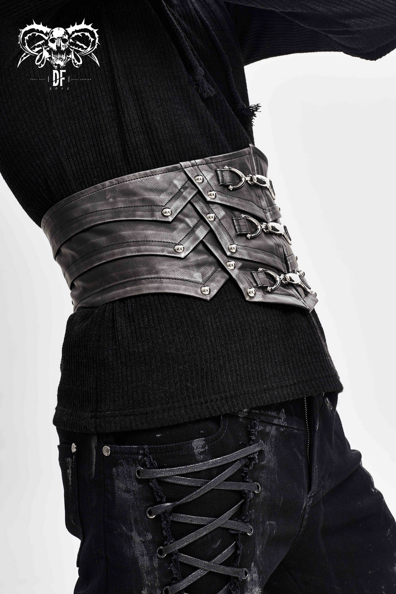 Punk style black PU leather wide belt with metal buckles, perfect for vintage men's outfits.