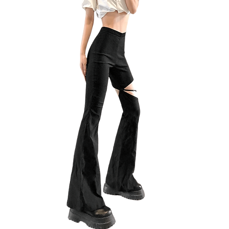 Punk Style Black Women's High Waist Flare Pants / Gothic Female Hollow Out Trousers