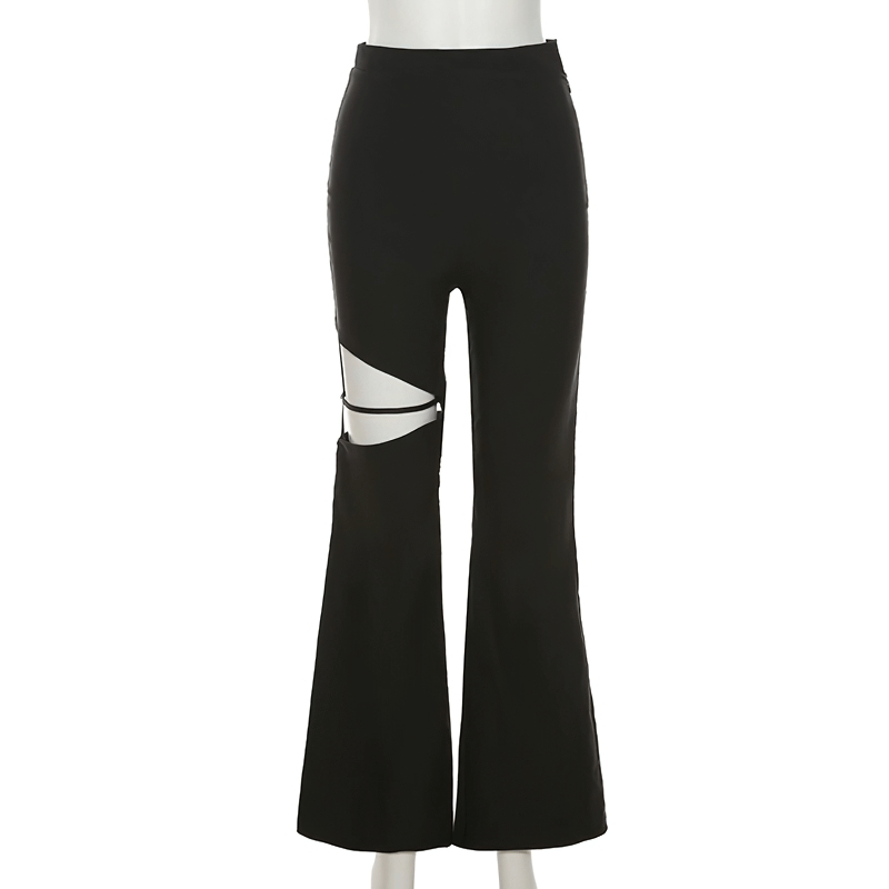 Punk Style Black Women's High Waist Flare Pants / Gothic Female Hollow Out Trousers