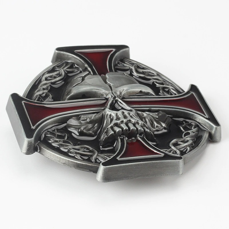 Stylish punk metal buckle featuring a skull design with red accents and cross details, perfect for a unisex accessory.