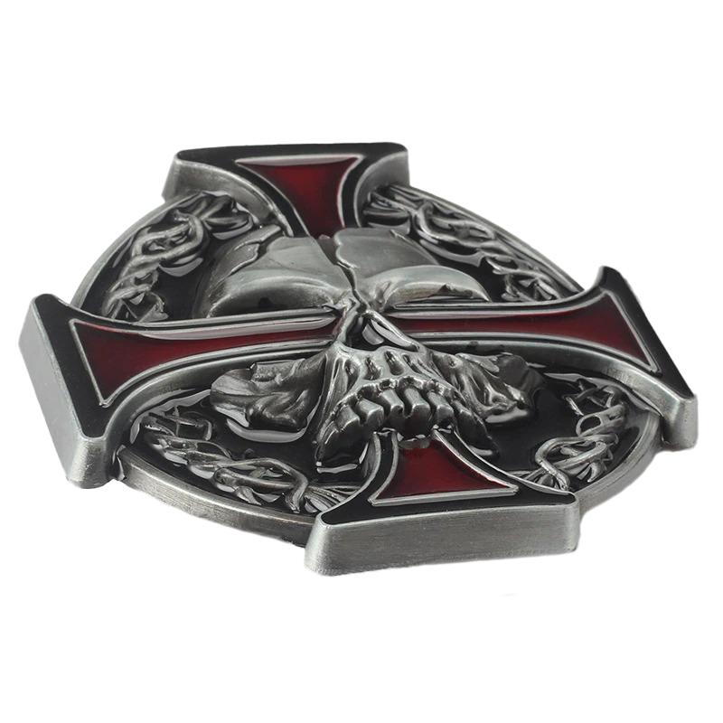 Unisex punk style metal buckle featuring a striking skull and cross design with red accents.
