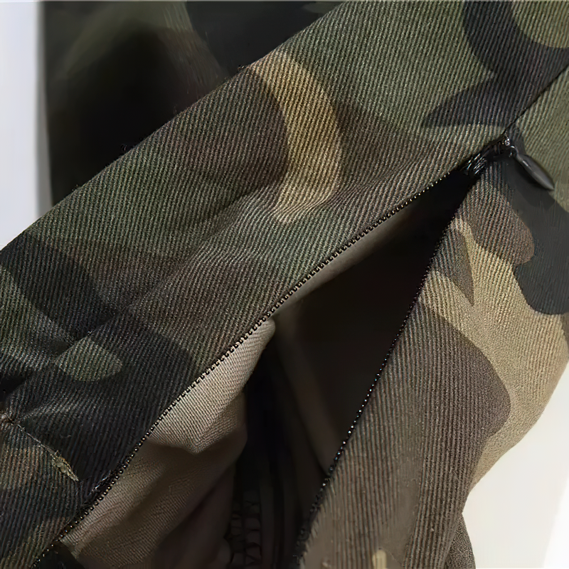 Close-up of zipper detail on punk style cargo pants in camouflage print, showcasing functional pockets.