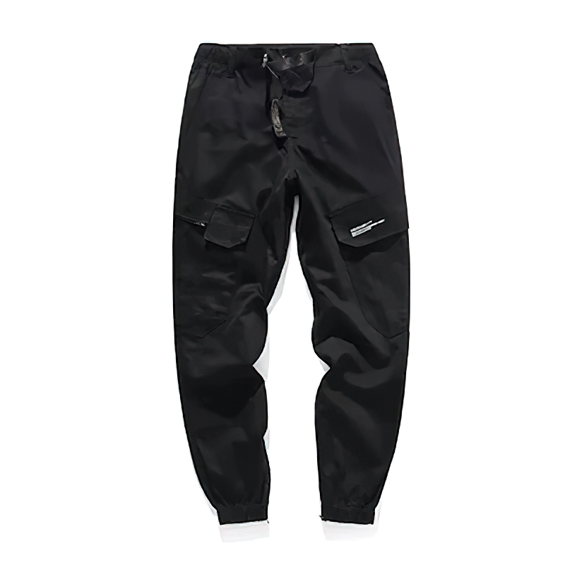 Men's punk style cargo pants in black, featuring functional pockets and a stylish zipper for a rebellious look.