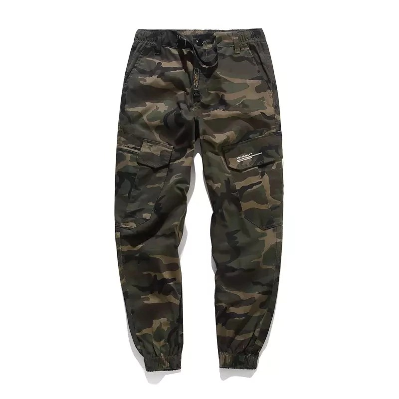 Punk style camouflage cargo pants with multiple pockets and drawstring waist for men.