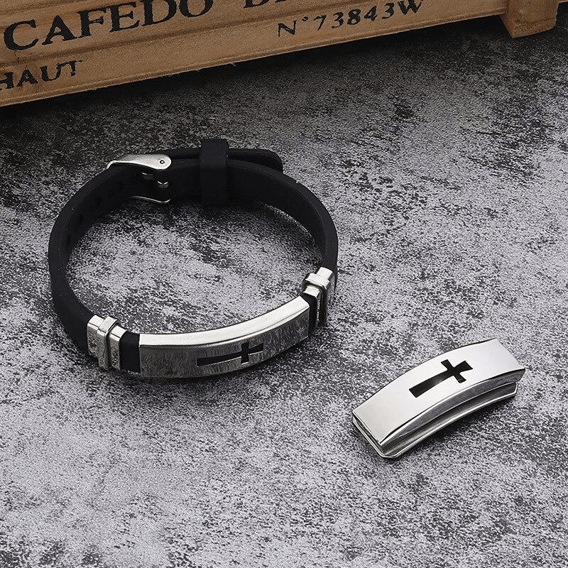 Stylish punk cross bracelet made of titanium steel and silicone, perfect for motorcycle enthusiasts.
