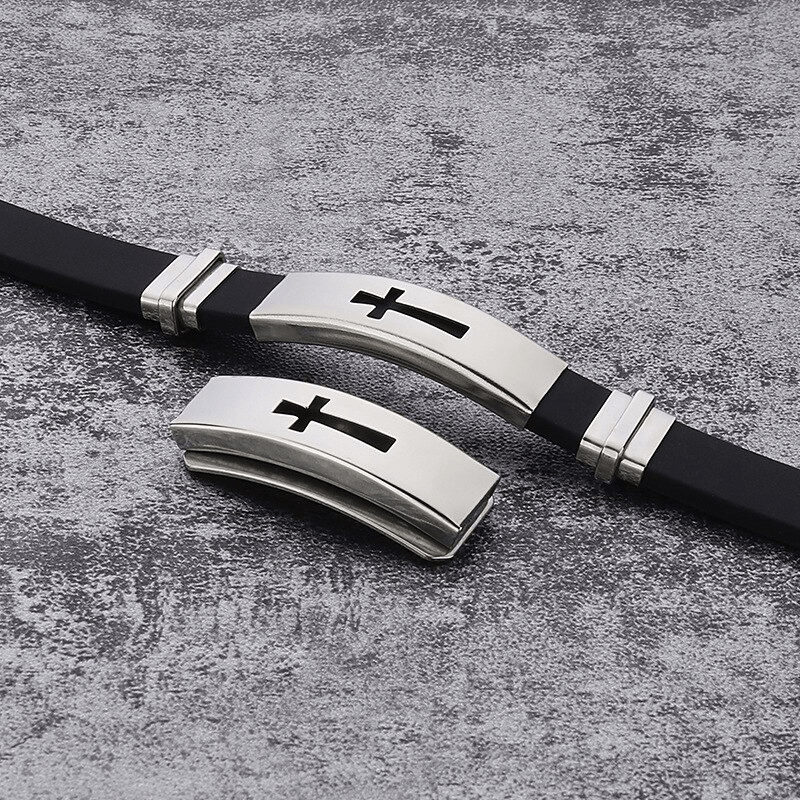 Punk style titanium steel and silicone bracelet featuring cross design on a textured background.