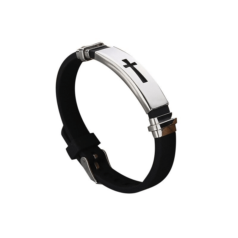 Punk style titanium steel cross bracelet on silicone band, perfect for motorcycle enthusiasts and casual wear.