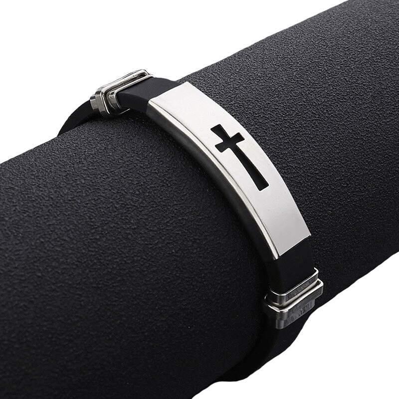 Punk style cross titanium steel bracelet on black background, perfect for motorcycle enthusiasts and casual outfits.