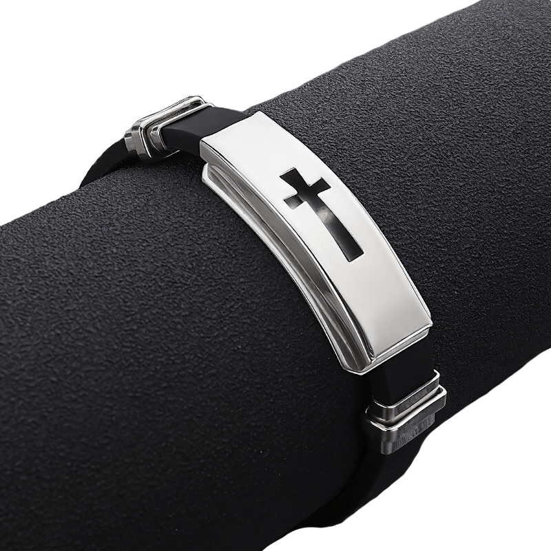 Stylish punk titanium steel cross bracelet with silicone band, perfect motorcycle accessory for a bold look.