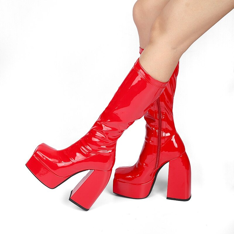 Punk Style Elastic Patent Leather Shoes for Women / Luxury Female Ankle Boots Thick High Heels - HARD'N'HEAVY