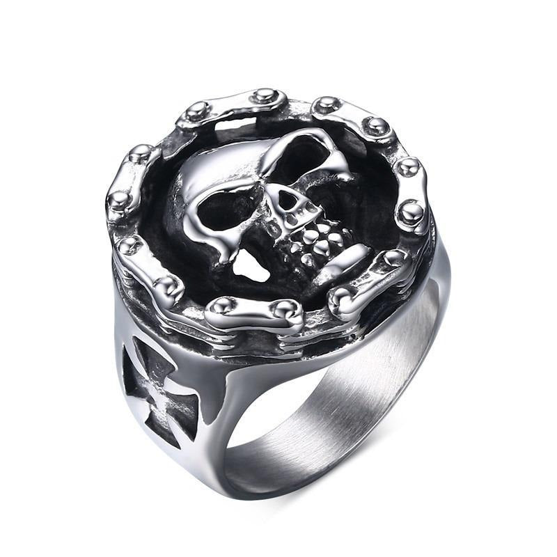 Byker Style stainless steel skull ring, alternative fashion jewelry for men and women, fierce unisex accessory.