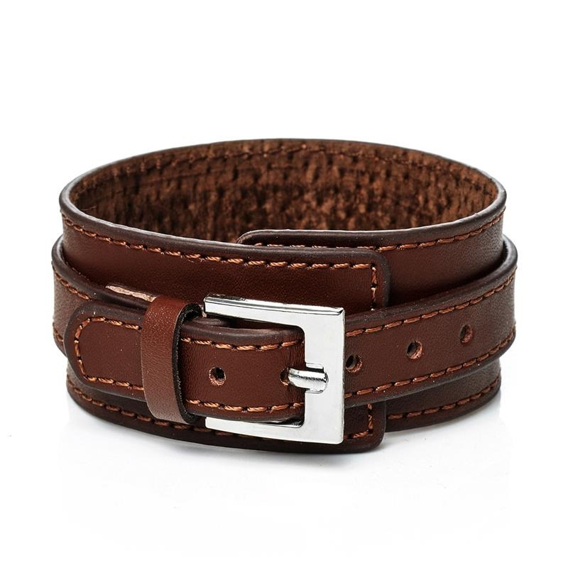 Punk style genuine leather wristband in brown with stainless steel buckle, adjustable cuff bracelet for casual looks.