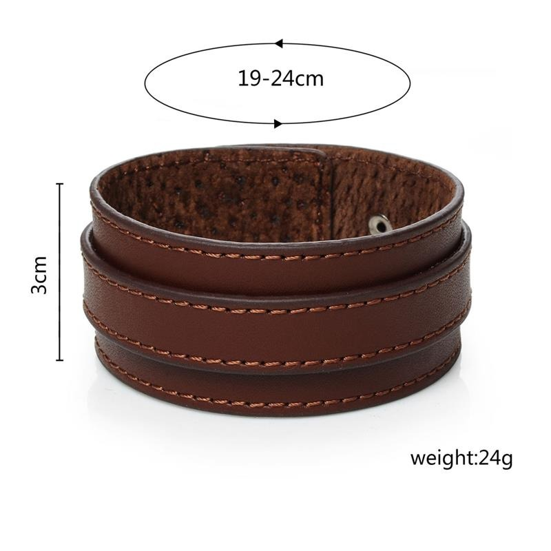 Brown punk style genuine leather wristband bracelet, adjustable cuff 19-24cm, 3cm wide.