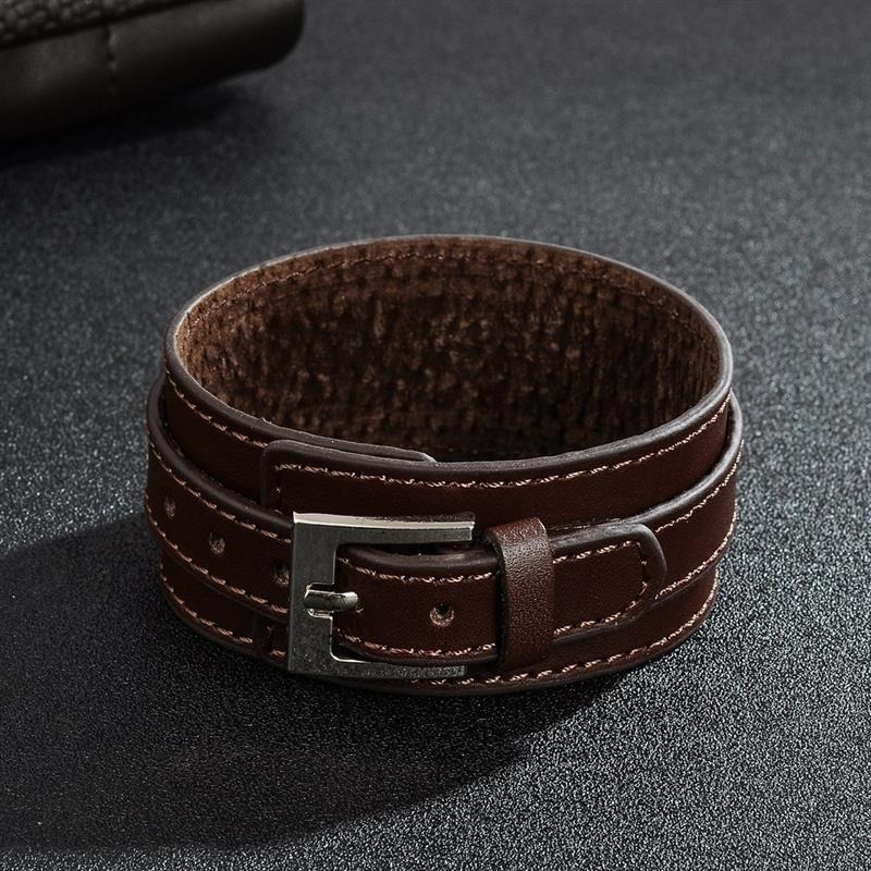 Brown genuine leather wristband cuff bracelet with adjustable buckle for punk and vintage style.