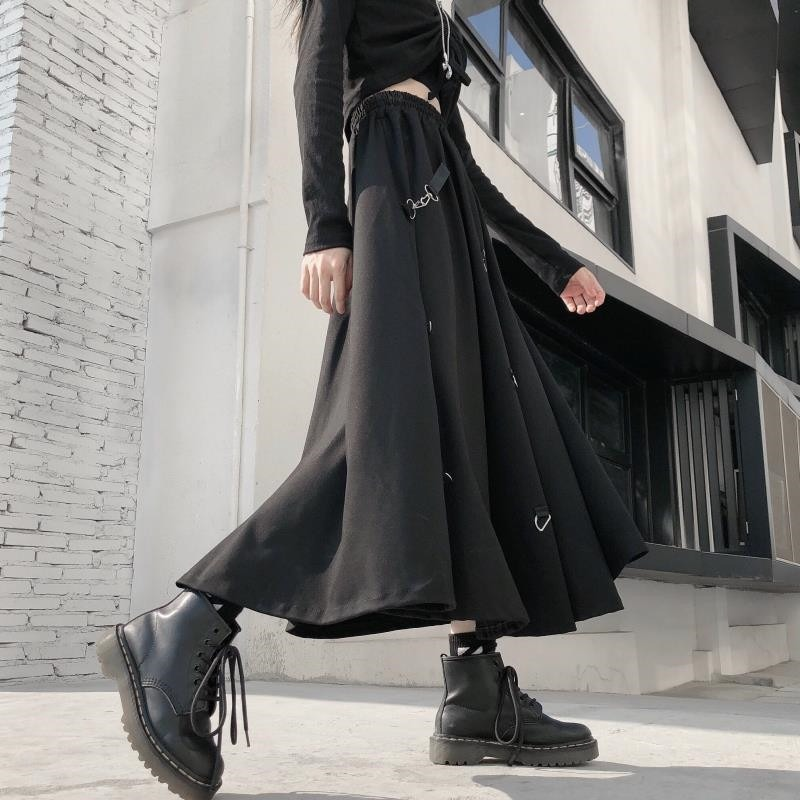 Punk Style Irregular Skirts with Buckles / Gothic Women's Black High Waist Skirt - HARD'N'HEAVY
