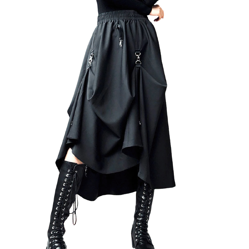 Punk Style Irregular Skirts with Buckles / Gothic Women's Black High Waist Skirt - HARD'N'HEAVY