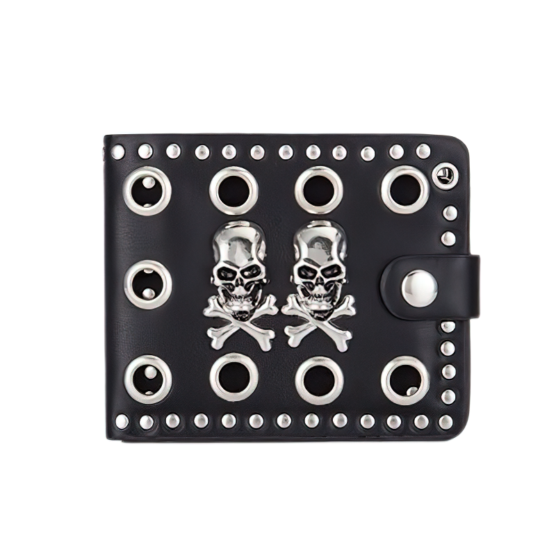 Punk style black wallet with silver skulls and rivets, perfect for a gothic fashion statement.