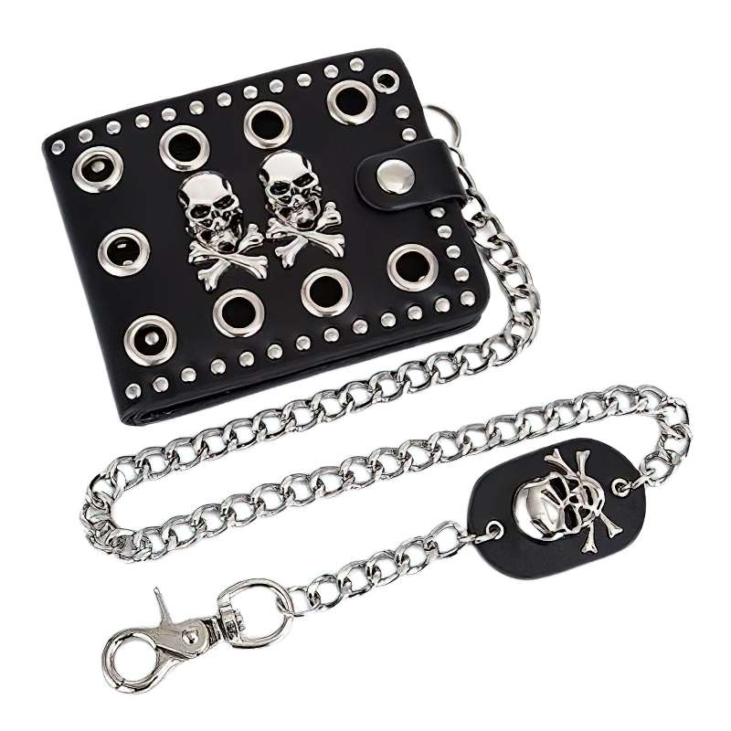 Punk style black wallet with metal skulls, rivets, and a chain for added flair; perfect for gothic style lovers.