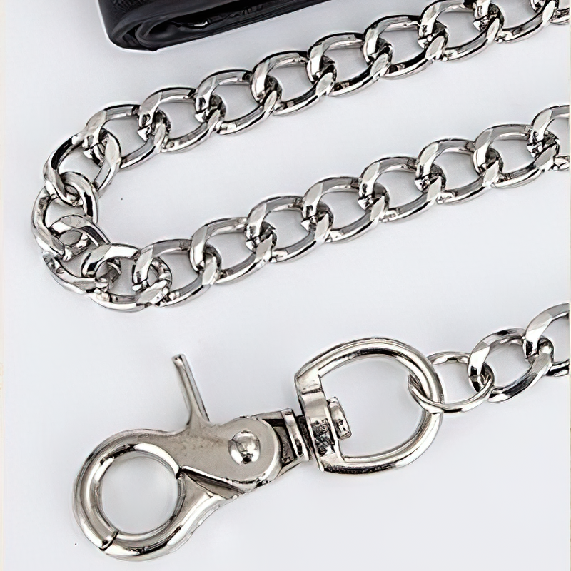Stylish silver chain for punk wallet with sturdy clasp and interlocking links, perfect for a bold accessory look.
