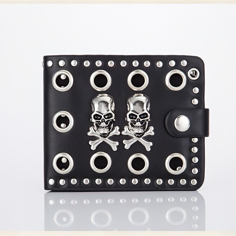 Punk style men's wallet featuring metal skulls and rivets, black PU leather design with eyelets and snap closure.