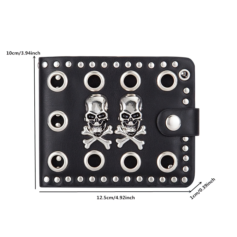 Punk style black wallet with metallic skulls and rivets, perfect for gothic fashion enthusiasts.