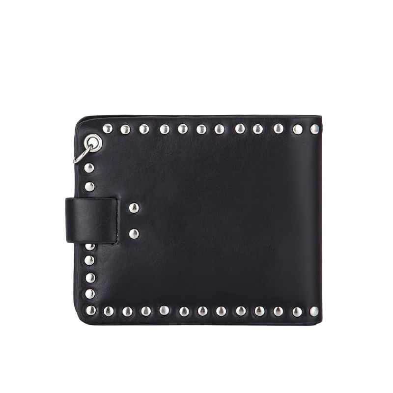 Punk Style Luxury Men's Wallet PU Leather / Black Double Skull Rivets Purse with Chain Card Holder - HARD'N'HEAVY