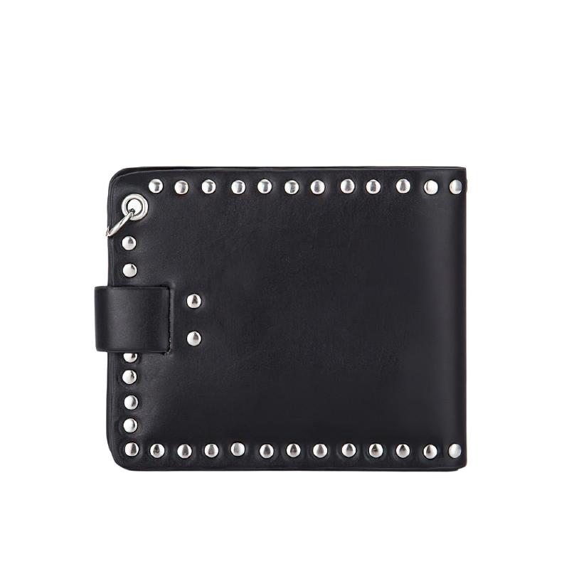 Black PU leather wallet with silver skull rivets, perfect for punk and gothic style lovers.