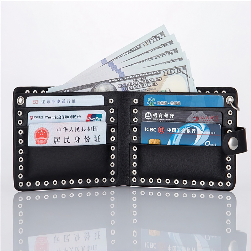 Open black PU leather wallet showing cards and cash, featuring punk style rivets and skull design.