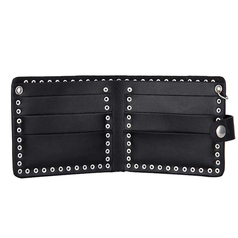Open punk style black wallet with metal rivets and card slots, perfect for daily use and gothic fashion.