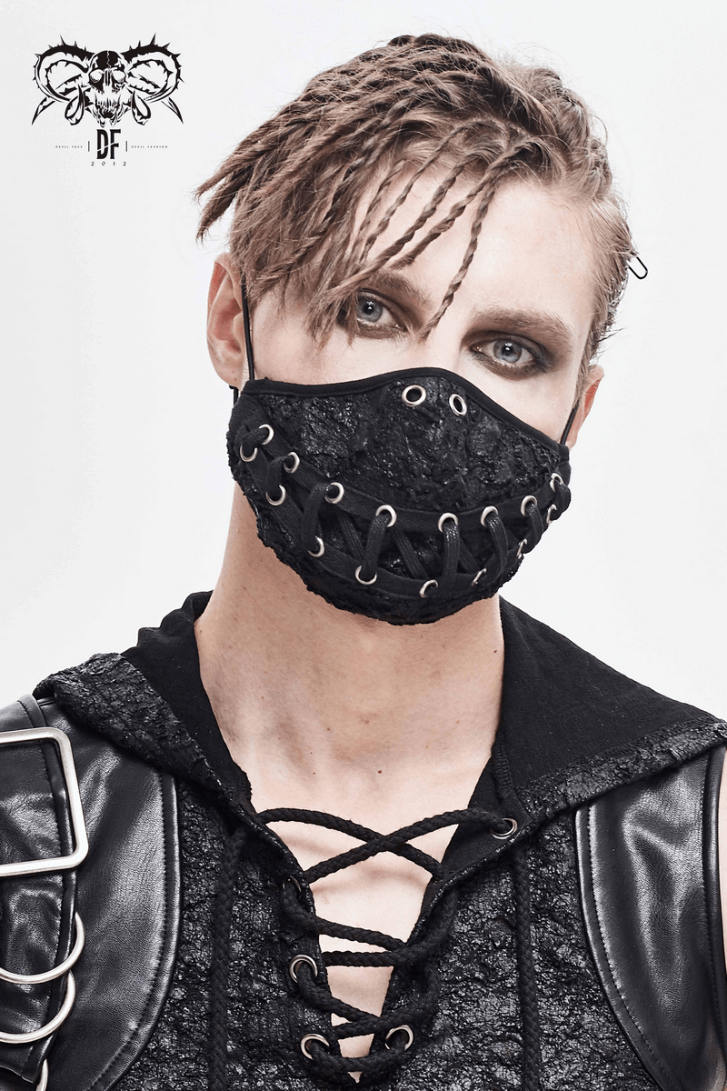 Punk Style Mask With Lace Up & Torn Mouth Pattern Ribbon / Stylish Unisex black Masks - HARD'N'HEAVY