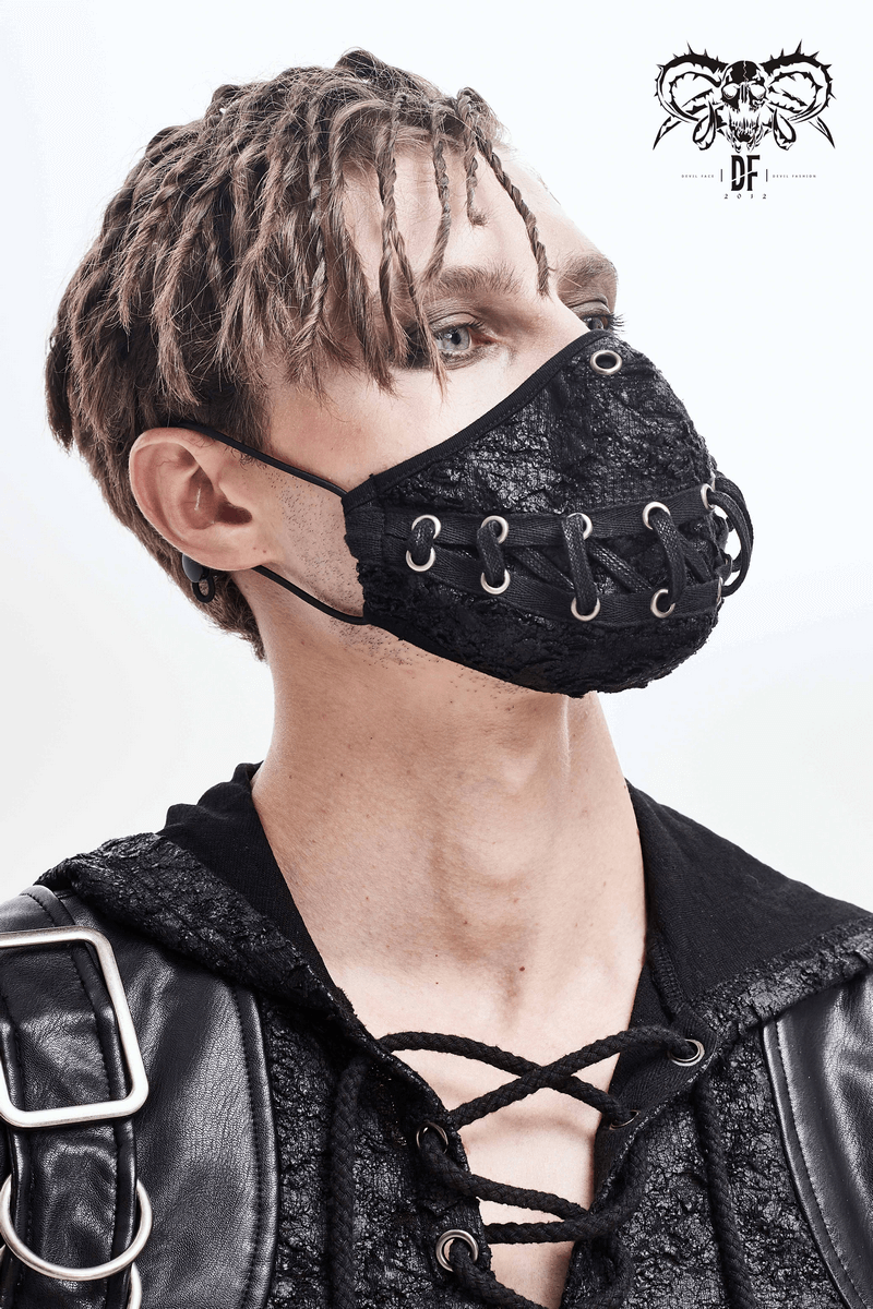 Punk Style Mask With Lace Up & Torn Mouth Pattern Ribbon / Stylish Unisex black Masks - HARD'N'HEAVY
