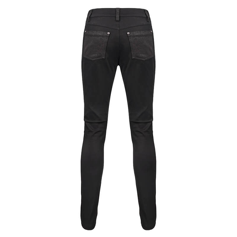 Stylish black punk style men's jeans featuring a fitted cut and faux leather trim, perfect for a trendy wardrobe.