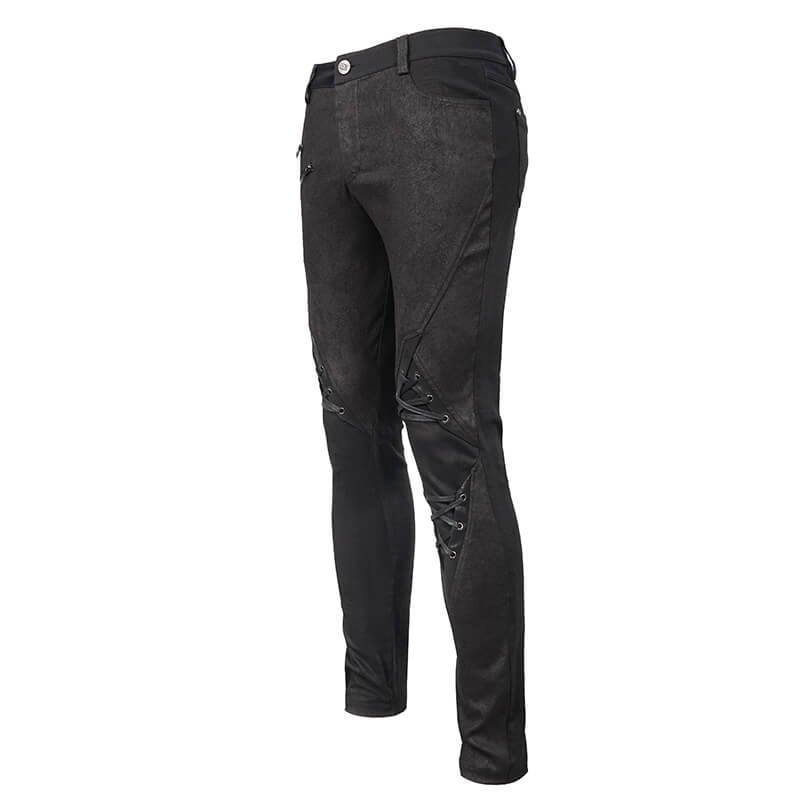 Punk style men's black jeans with faux leather trim and lace-up details, perfect for a trendy punk wardrobe.