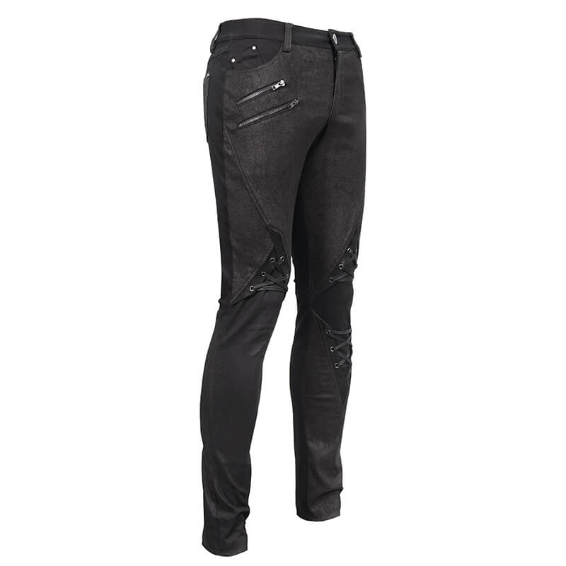 Punk style black men's jeans with faux leather trim, zip pockets, and lace-up design for a stylish fitted look.