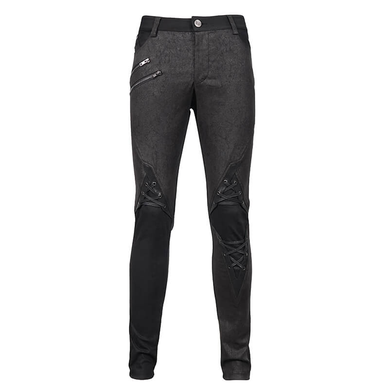 Punk style men's black pants featuring faux leather trim, lace-up accents, and stylish zippers for a dramatic look.