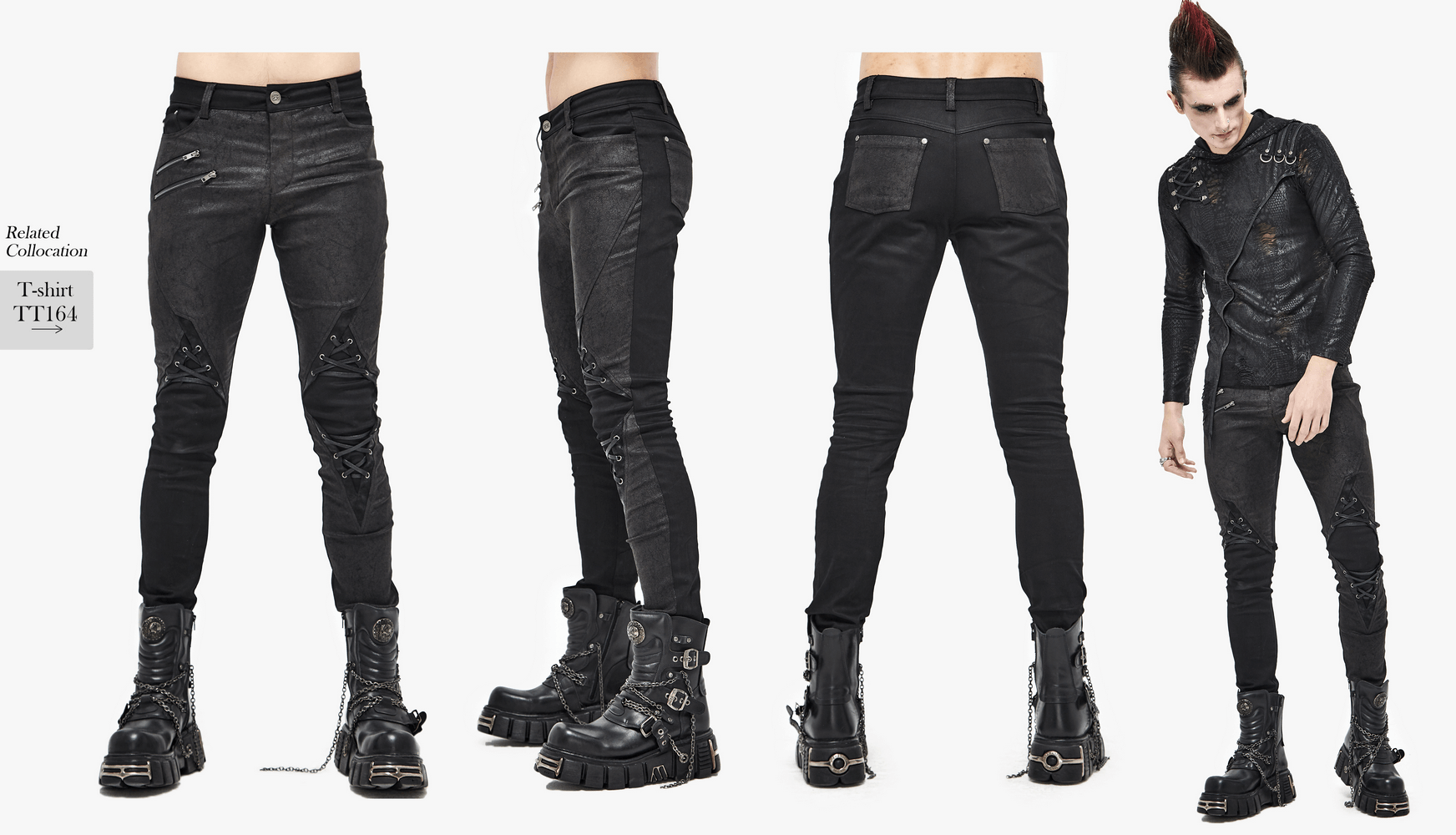Men's punk style black jeans with lace-up and faux leather trim, showcasing fitted cut and stylish zippers.