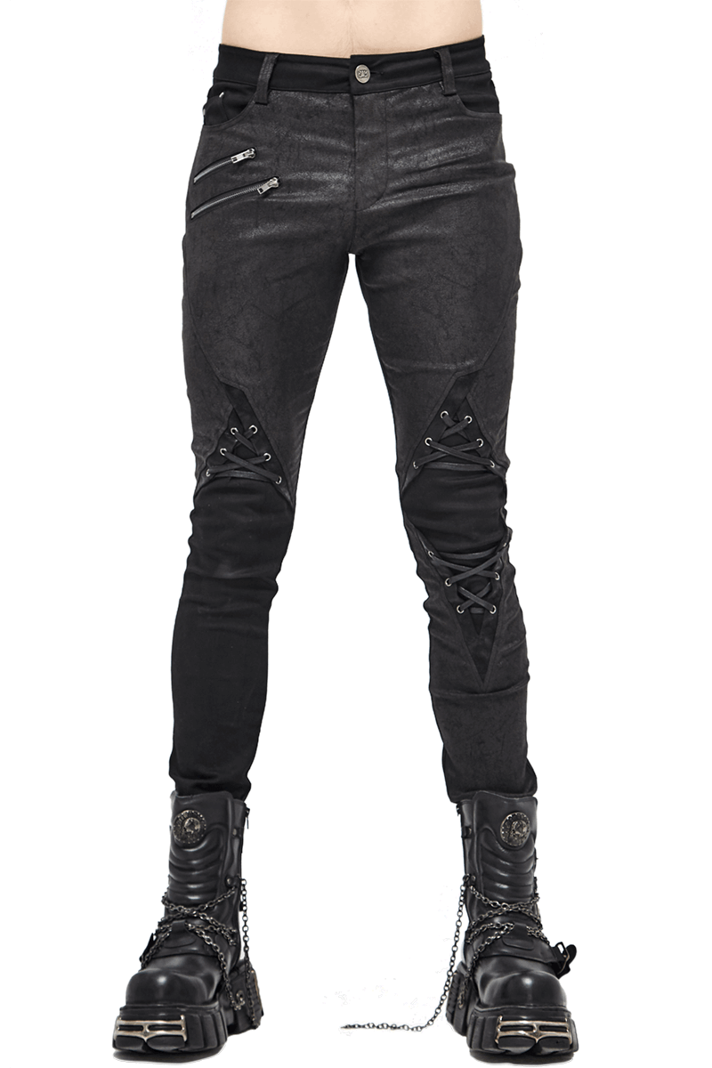 Trendy men's black punk style jeans with faux leather trim and lace-up details, perfect for a bold fashion statement.