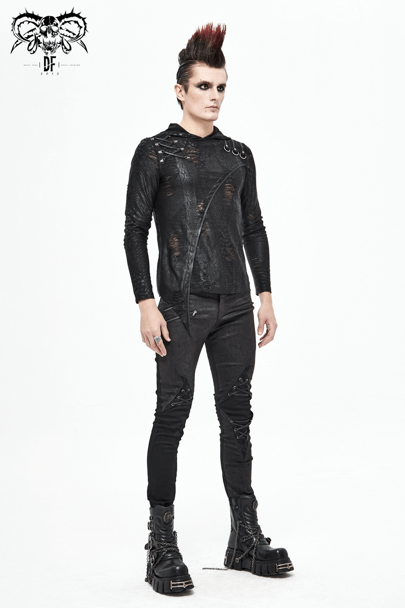 Punk style men's outfit featuring fitted black pants, a stylish jacket, and bold boots, perfect for a rebellious look.