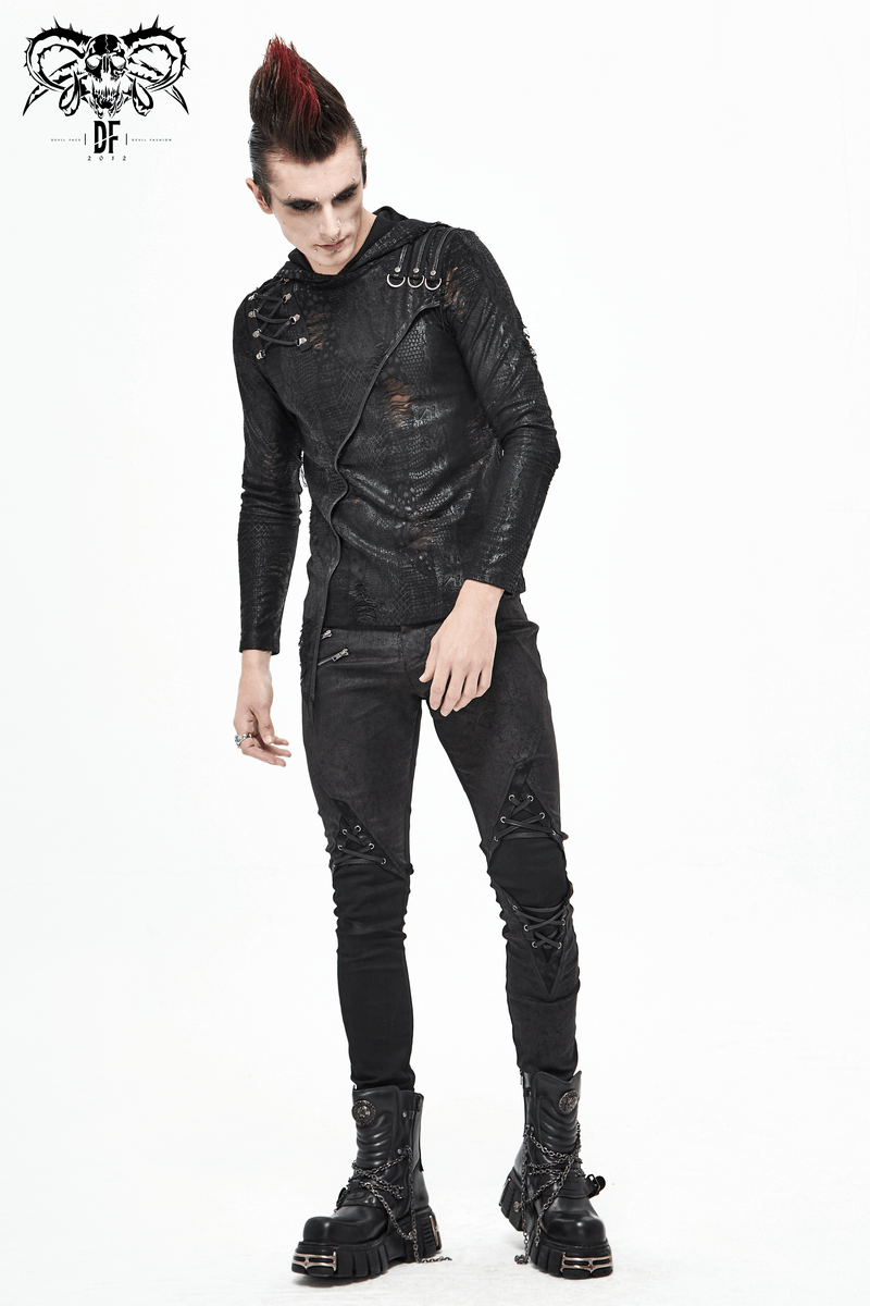 Stylish punk model wearing faux leather black pants with lace-up design and edgy accessories, perfect for punk fashion enthusiasts.