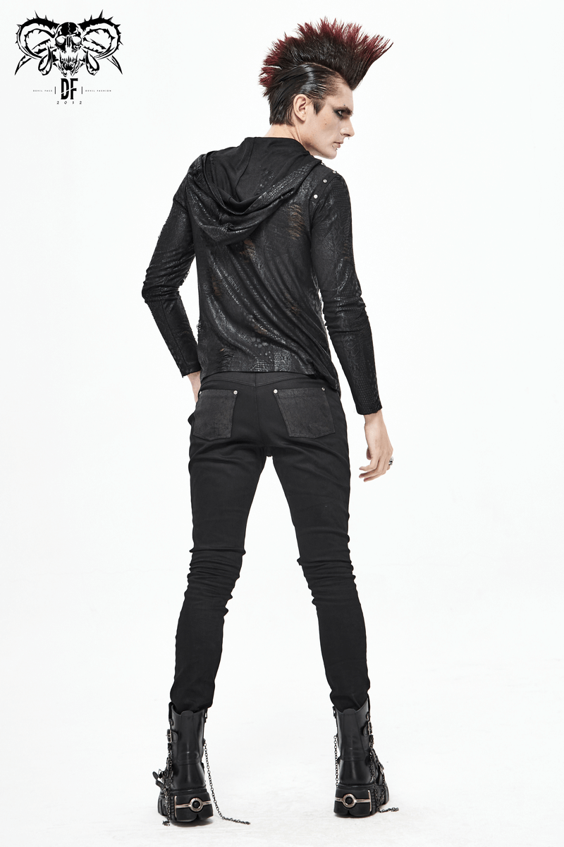 Punk style men's jeans with faux leather trim, paired with a stylish black top and edgy boots, showcasing a fitted cut.
