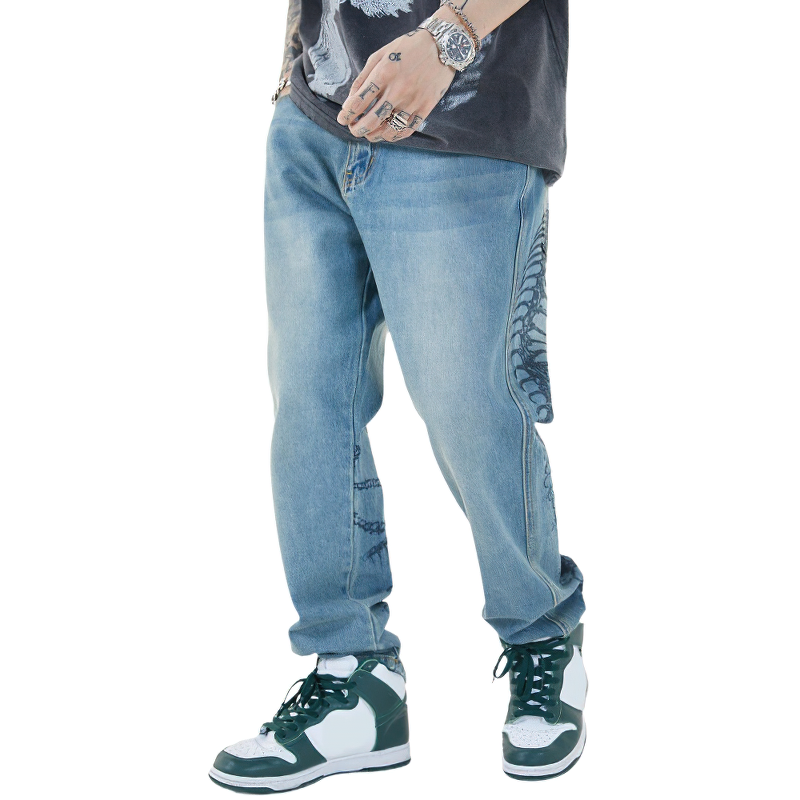 Punk Style Men's Jeans with Bone Print / Retro Male Denim Baggy Trousers - HARD'N'HEAVY