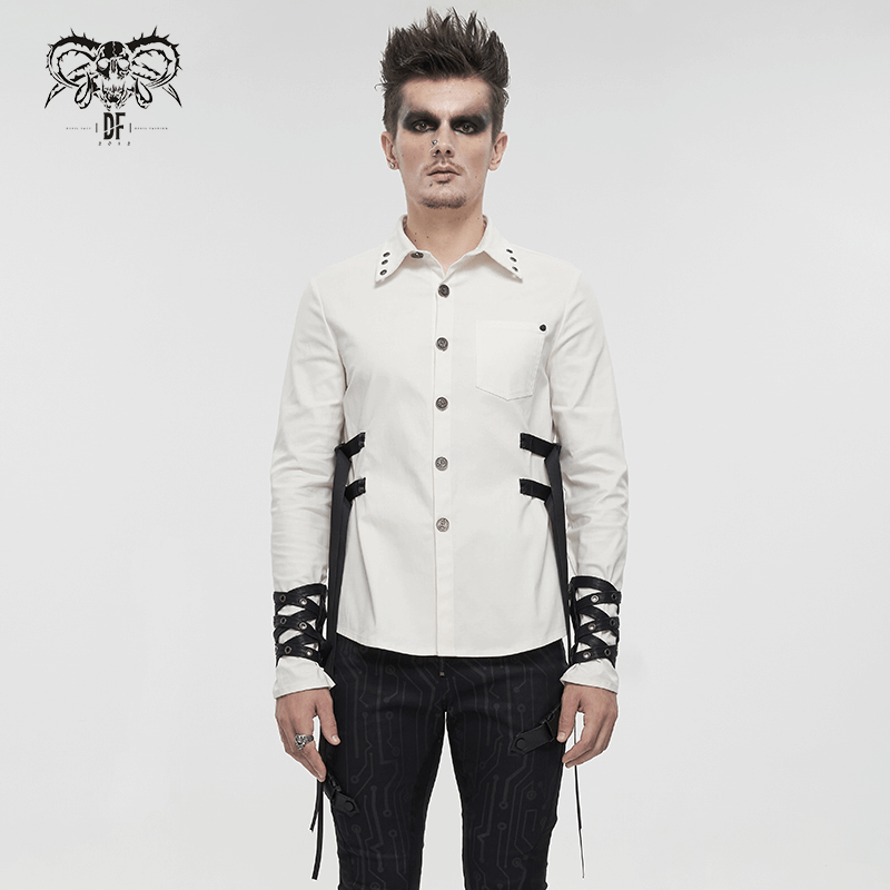 Punk Style Men's White Long Sleeve Shirt / Stylish Shirts with Nylon Straps & Buckles on Both Sides - HARD'N'HEAVY