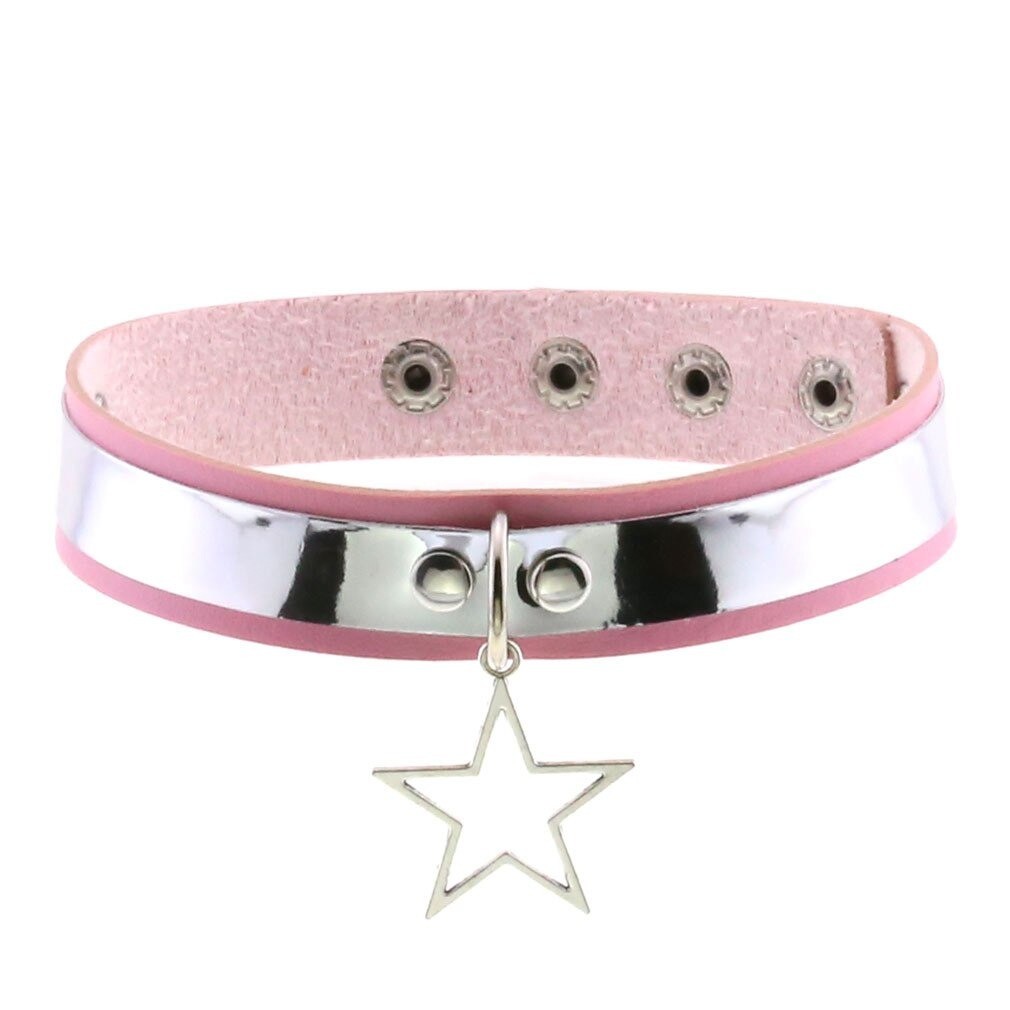 Punk style PU leather choker necklace with star pendant, versatile unisex accessory in pink and silver.