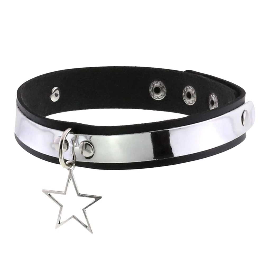 Punk style PU leather choker necklace with silver star pendant, vintage unisex accessory in black.