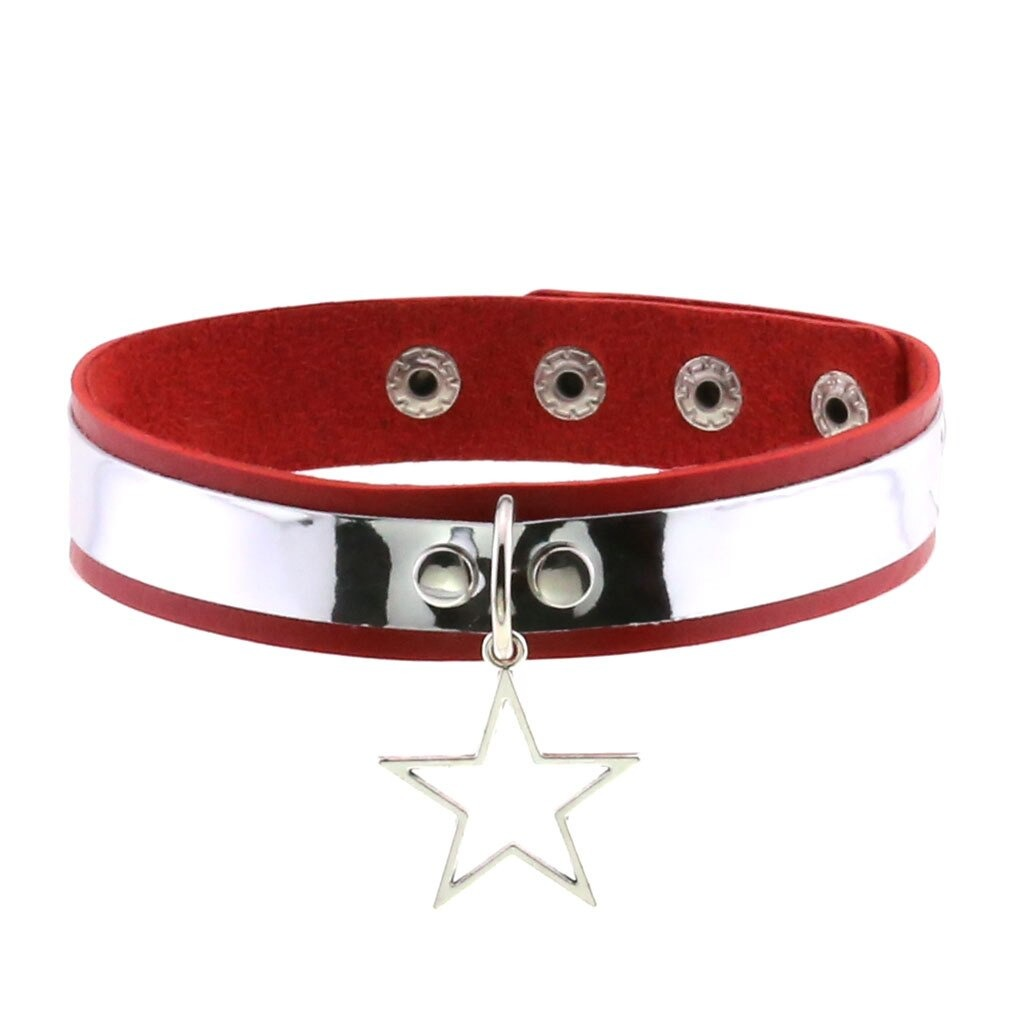 Red punk style PU leather choker necklace with star pendant for women, perfect gothic accessory.