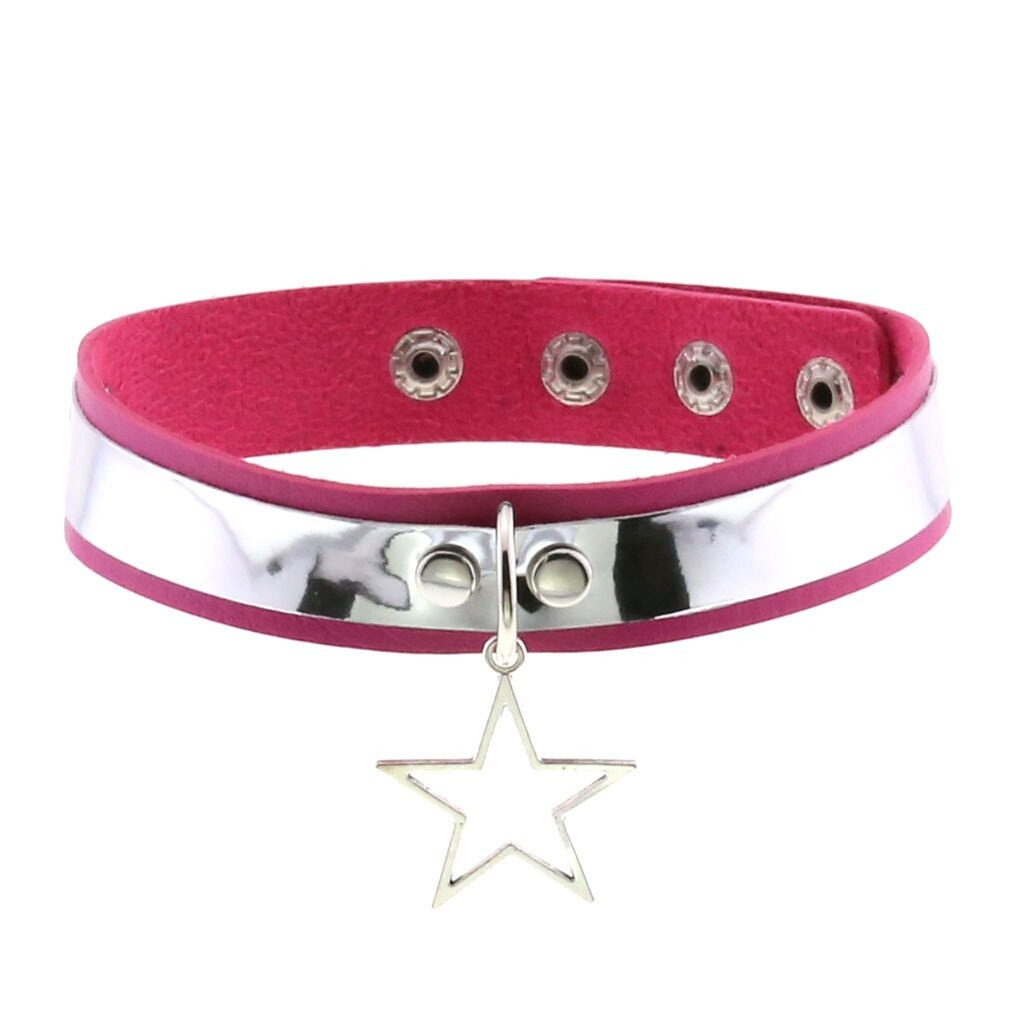 Punk style PU leather choker necklace with silver star pendant, perfect vintage unisex accessory.