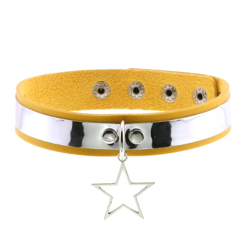 Punk style PU leather choker necklace in yellow with star pendant, perfect for vintage unisex accessory fans.